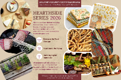 Features Hearthside Series photos including beeswax papers, knot tying, and herb drying