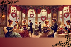 Couples sitting at small tables in Victorian dress celebrating Valentine's Day