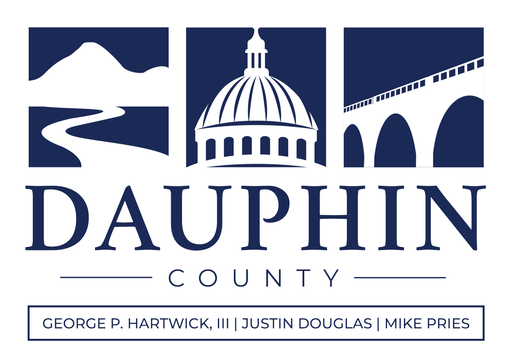 Dauphin County Logo with Commissioners George P. Hartwick, III | Justin Douglas | Mike Pries