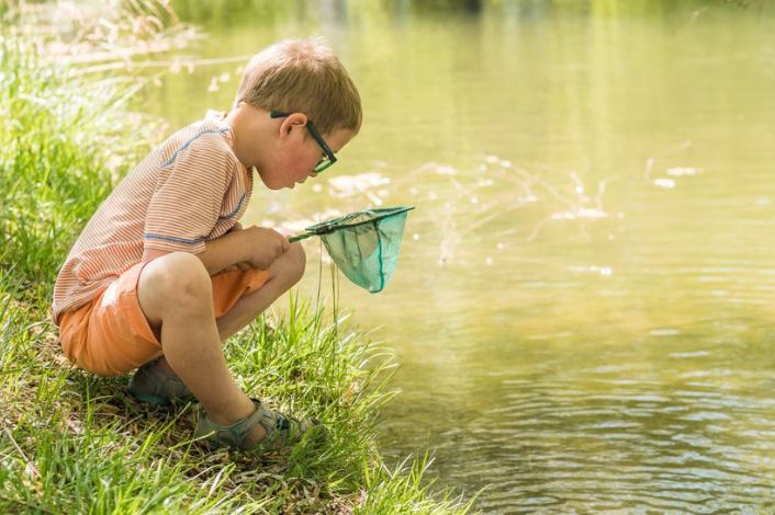 Boy with a net on a riverbank looking for Pollywogs