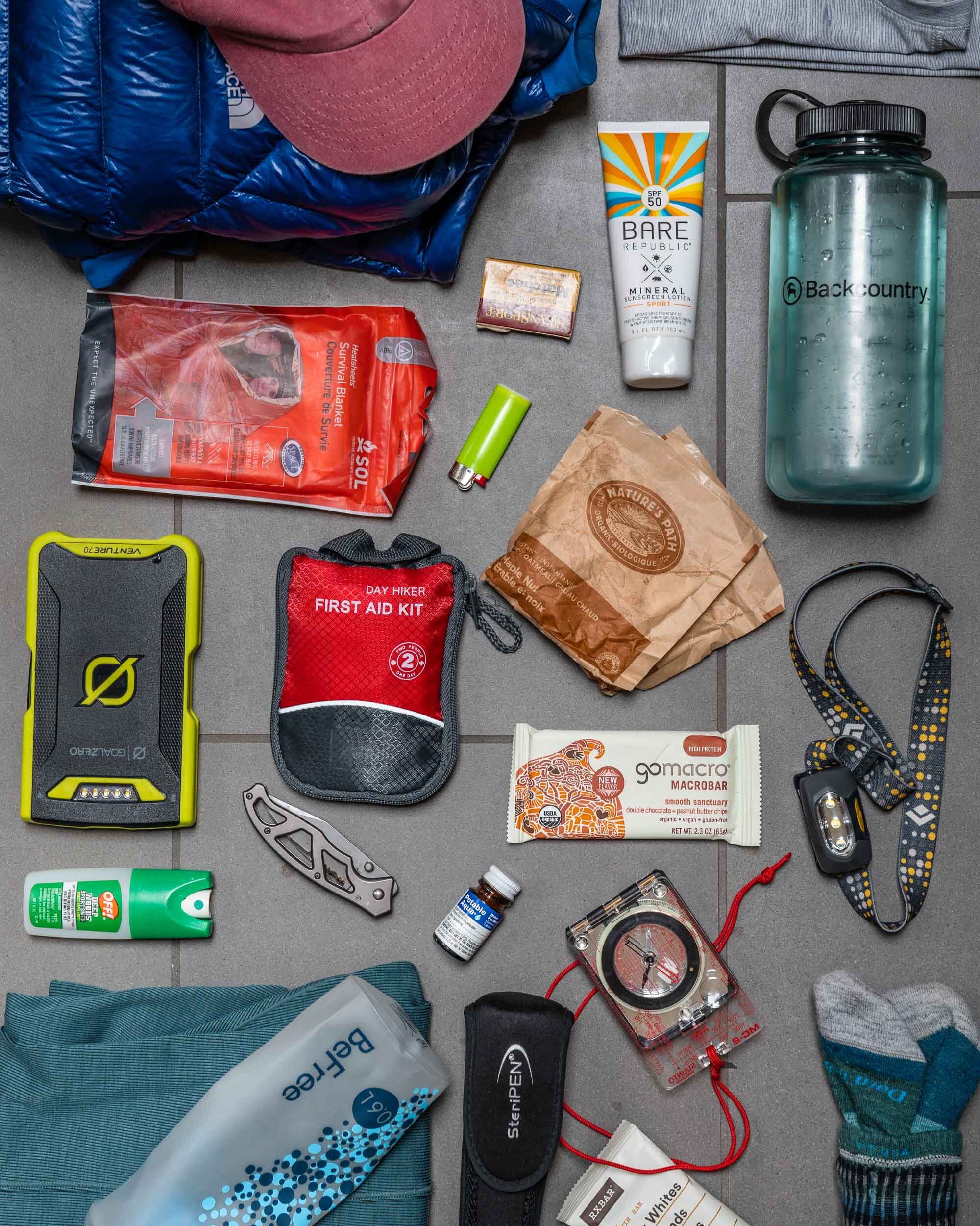 Survival items such as sunscreen, knife, lighter, etc