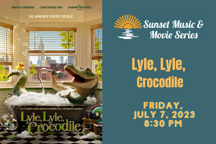 Lyle, Lyle Crocodile singing in a bathtub. Movie showing at Fort Hunter Park July 7, 2023