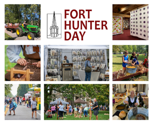 Images of Hay Ride, Man carving wood, a woman browsing at a vendor stand, families on a lawn trying out wooden stilts, kids shucking corn, handmade quilts, a woman in colonial period attire making food