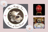 vintage teacup and teapot, elegant table setting, and Faberge Egg