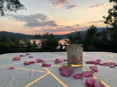 table with flower petals scenically overlooking the river