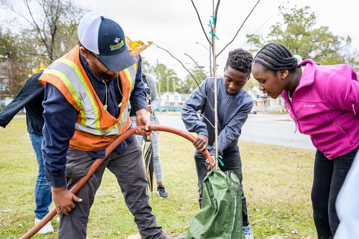 Three Volunteers Planting a Tree