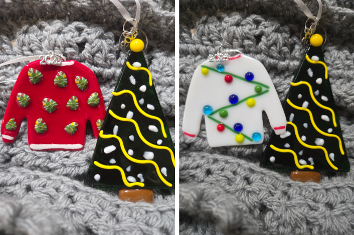 Fused Glass Sweater and Christmas Tree ornament with various colors and designs