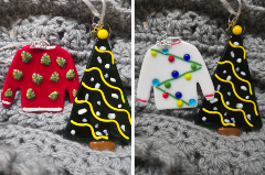 Fused Glass Sweater and Christmas Tree ornament with various colors and designs