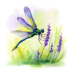 Watercolor of a Dragonfly on a lavender flower with shades of green and yellow in the background