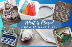 Plastic bags made into plarn, four examples of small bags made out of plarn