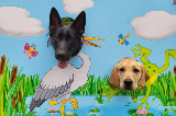 Two Dogs in a Photo Board Pretending to be a Goose and a Frog